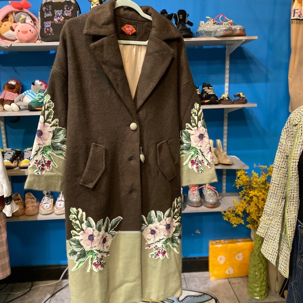 Dark Forest Green Flower Print Wool Coat - Picture 2 of 6